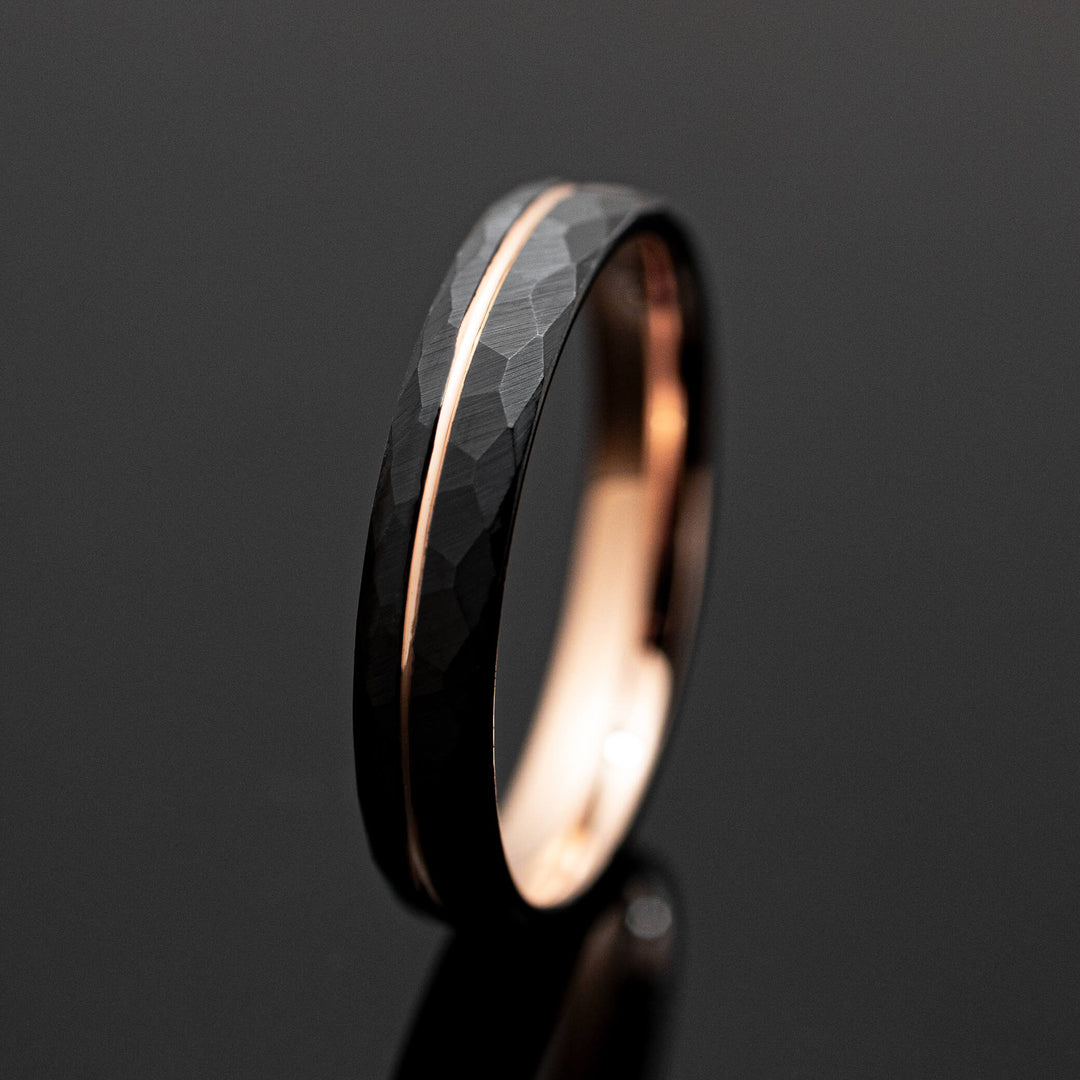 Black Hammered Rose Gold Obsidian Tungsten Wedding Band - in 4mm Width