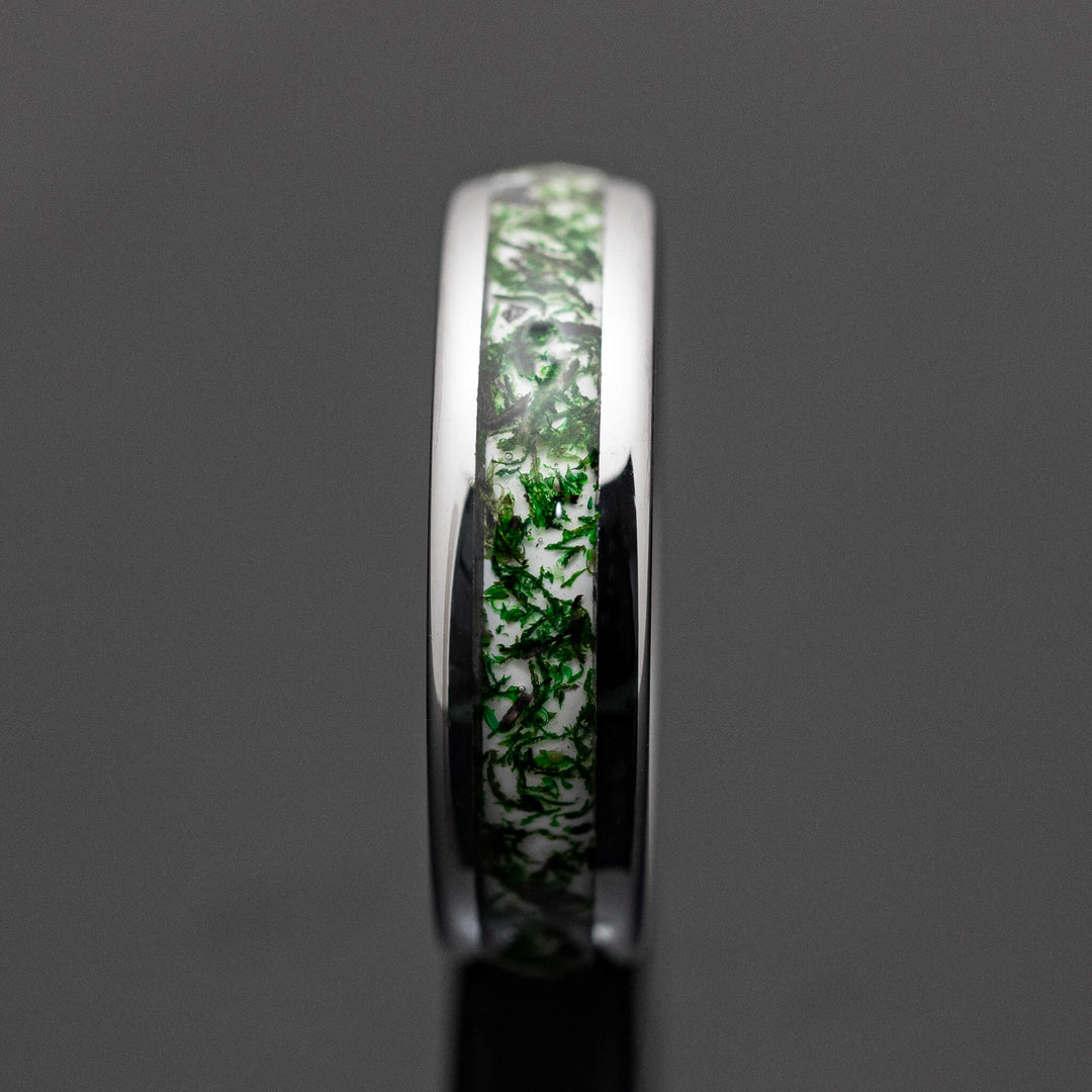 Moss Agate Silver Tungsten Wedding Ring - in 6mm Width