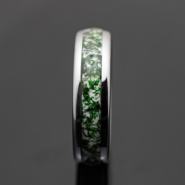 Moss Agate Silver Tungsten Wedding Ring - in 6mm Width