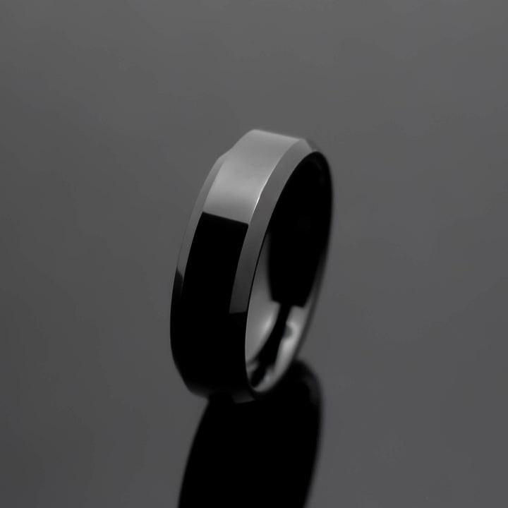 Black Obsidian Tungsten Wedding Ring, 6mm Black Wedding Band Ring for Him