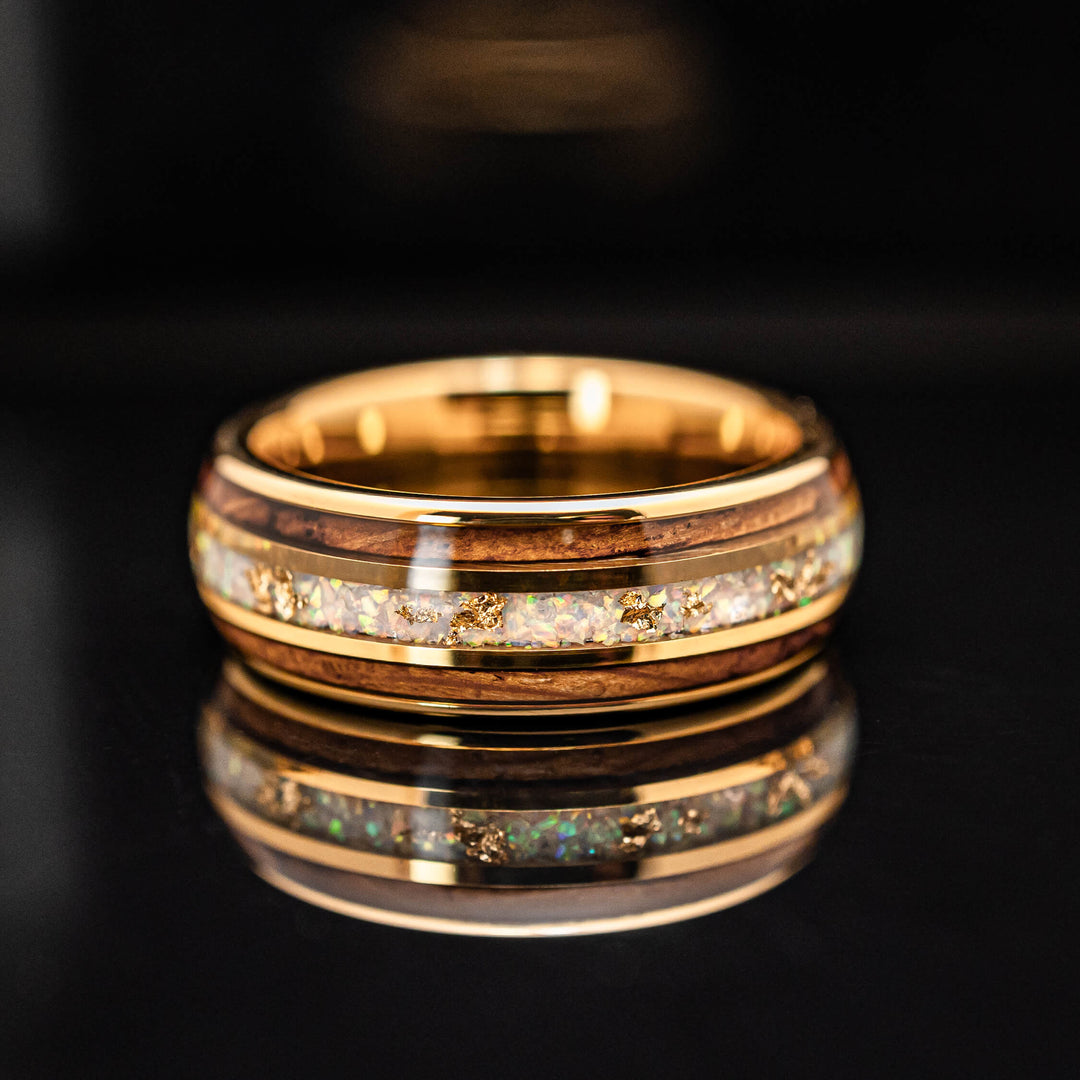 18k Gold Leaf White Opal Whiskey Barrel Tungsten Wedding Ring - in 8mm Width