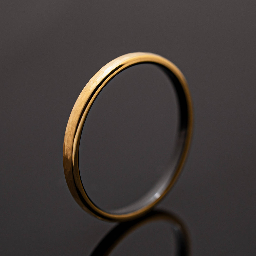 Hammered Brushed Yellow Gold Tungsten Band with Black inlay - in 2mm Width