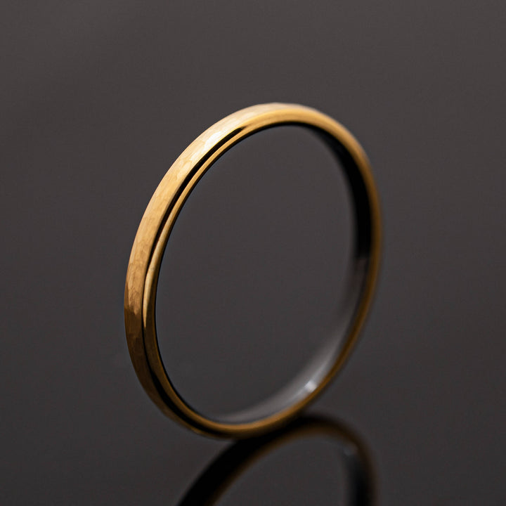 Hammered Brushed Yellow Gold Tungsten Band with Black inlay - in 2mm Width