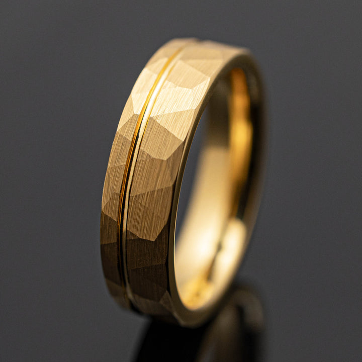 Gold Hammered Strip Wedding Ring - in 6mm Width