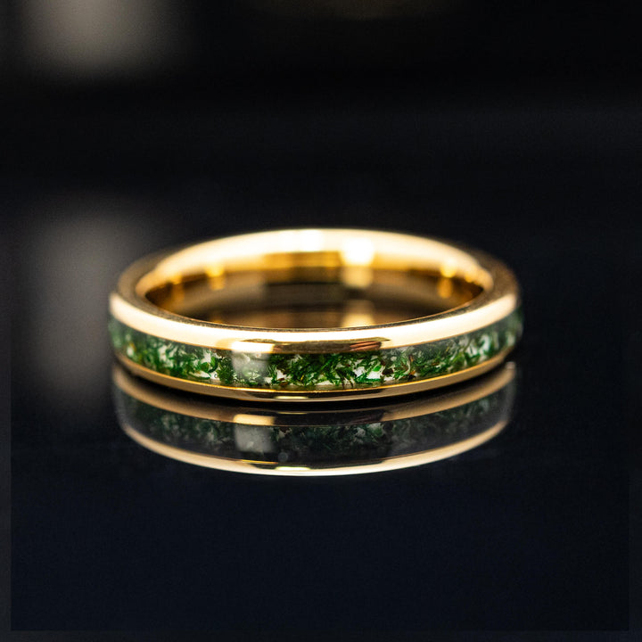 Moss Agate Gold Tungsten Wedding Ring - in 4mm Width