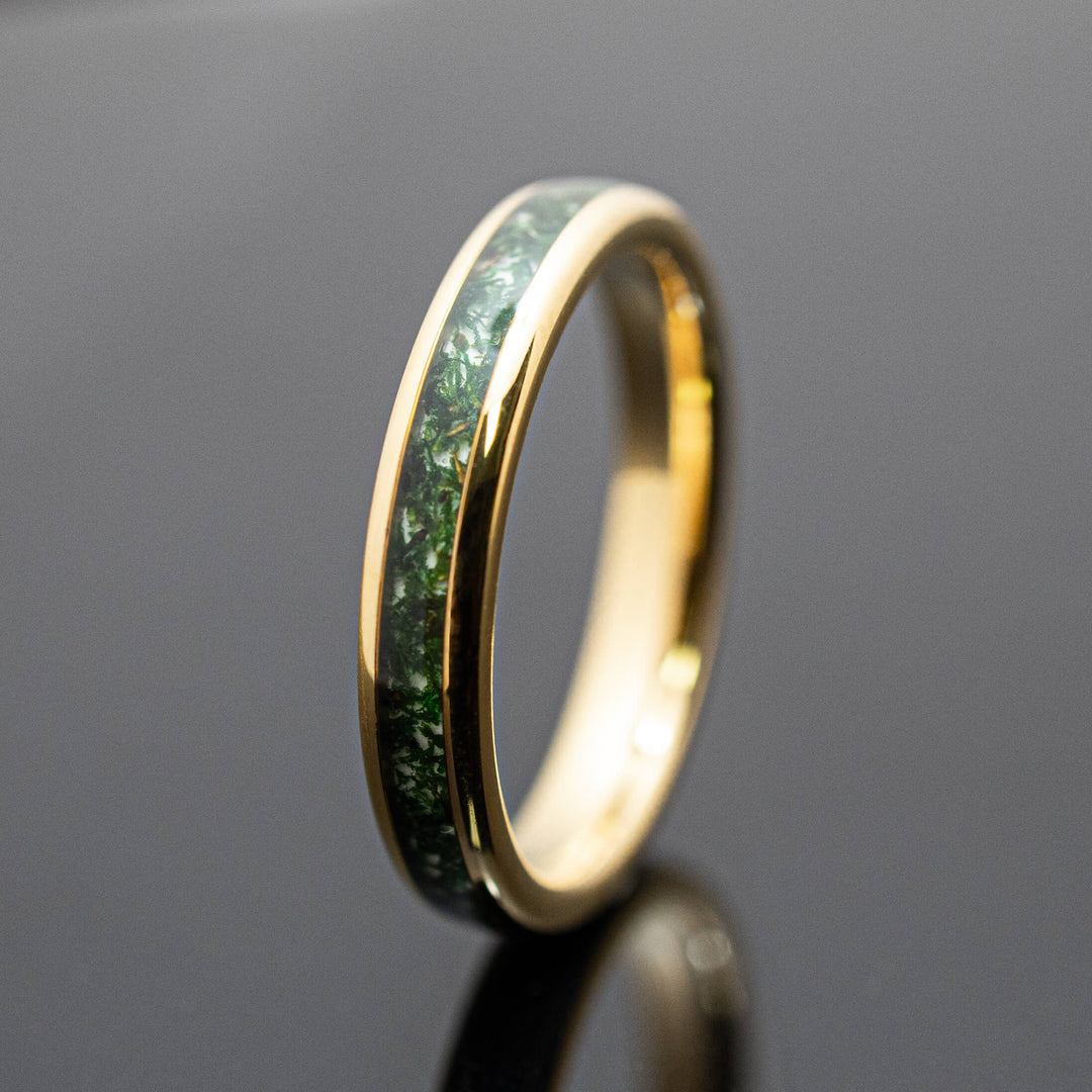 Moss Agate Gold Tungsten Wedding Ring - in 4mm Width