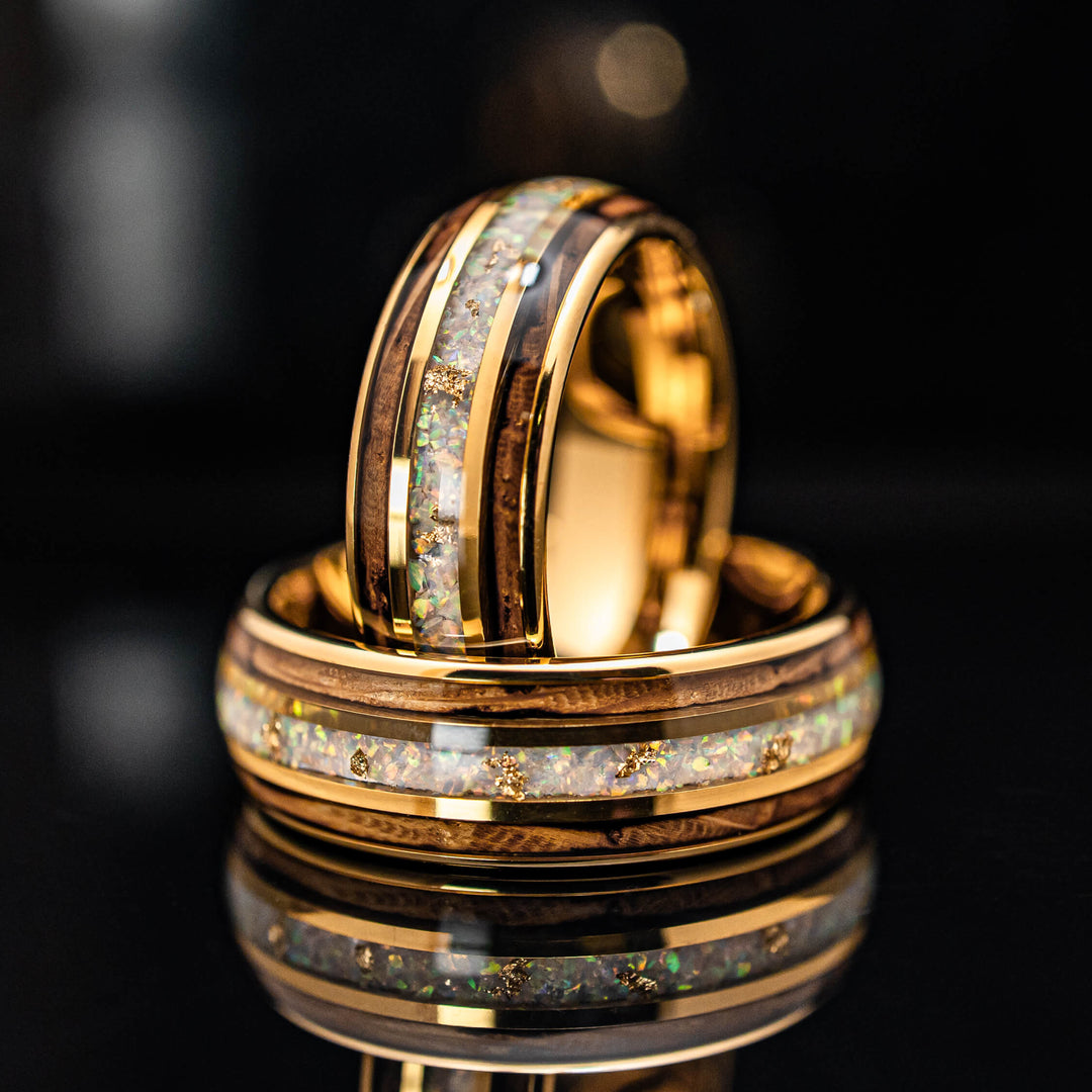 18k Gold Leaf White Opal Whiskey Barrel Tungsten Wedding Ring - in 6mm Width