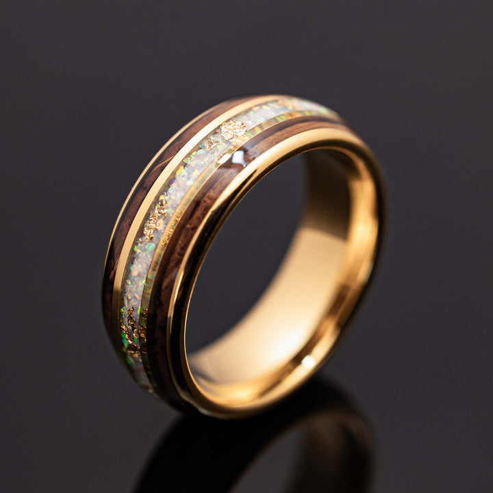 18k Gold Leaf White Opal Whiskey Barrel Tungsten Wedding Ring - in 8mm Width