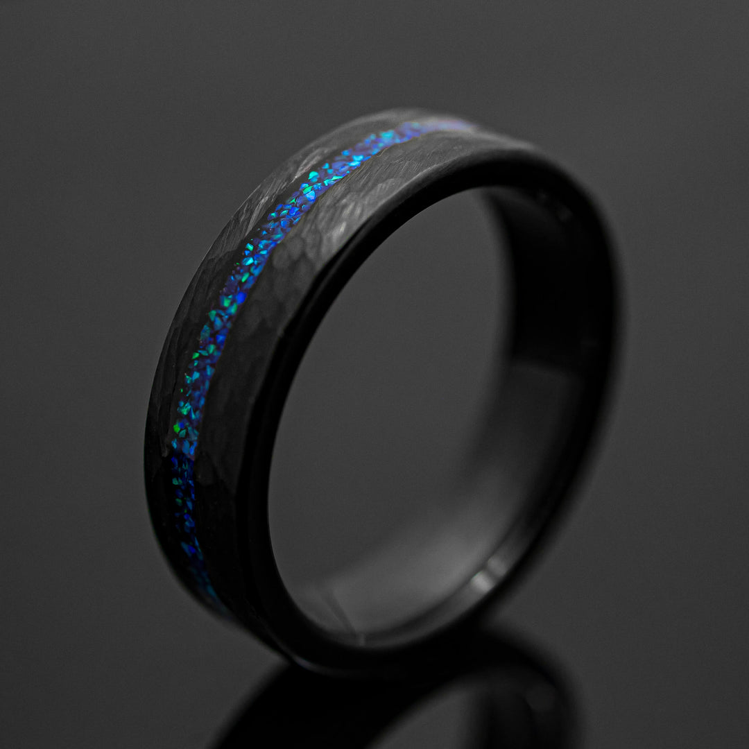 Neptune Opal Black Hammered Obsidian-style Wedding Ring in 6mm