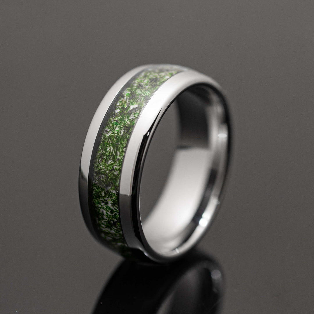 Moss Agate Silver Tungsten Wedding Ring - in 8mm Width