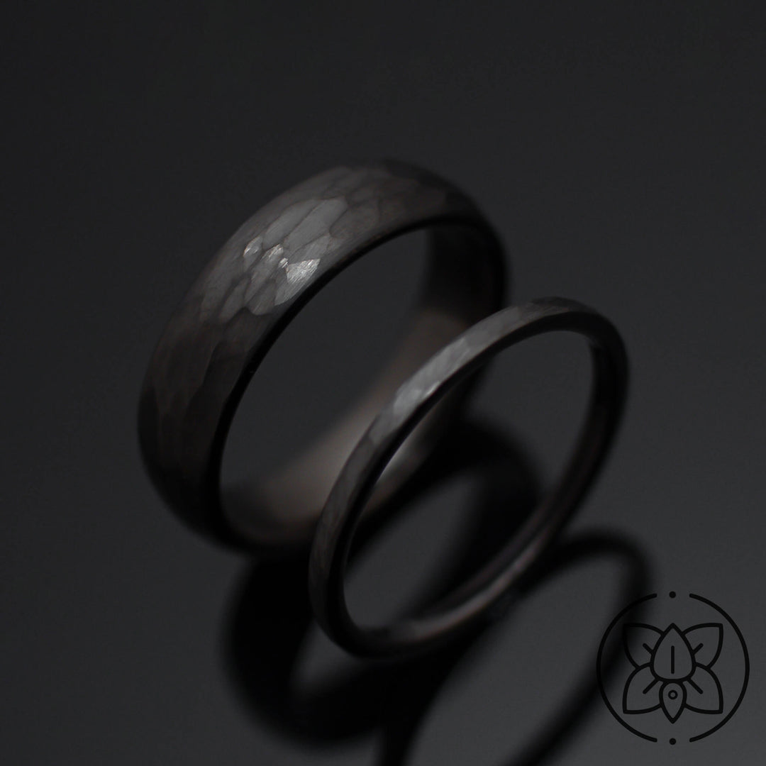 Gunmetal Hammered Wedding Band Set | His and Hers | 2mm/6mm Bands