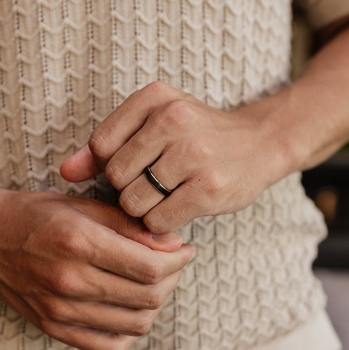 Black Brushed Obsidian-Style Gold Wedding Band Set | His and Hers | 2mm/5mm Bands