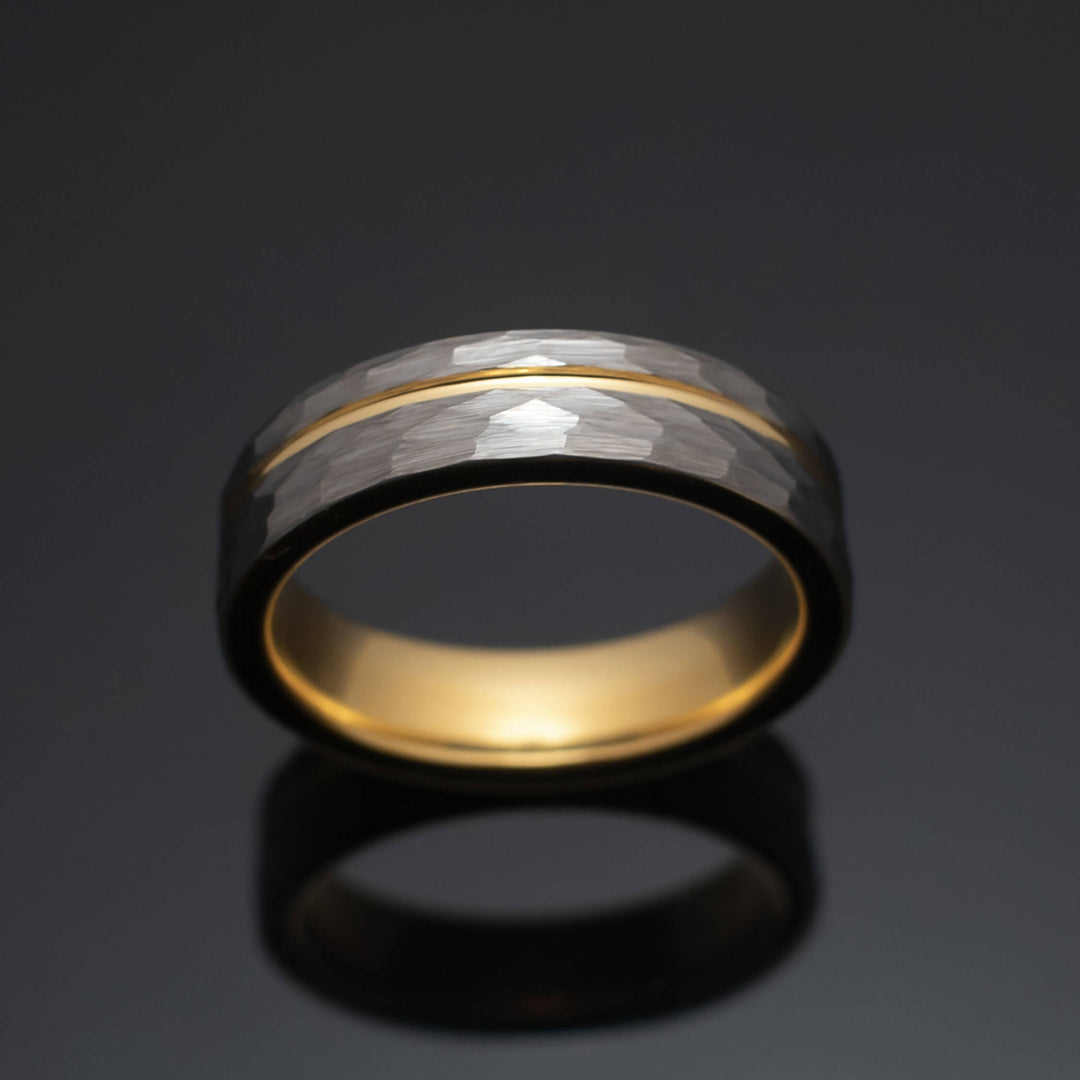 Silver Hammered Gold Strip Inlay Tungsten Wedding Band - in 6mm Width