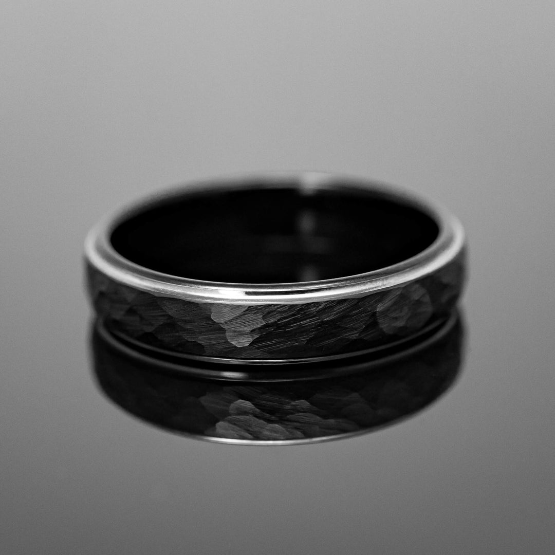 Black Obsidian Hammered Silver Tungsten Carbide Ring - in 5mm Width