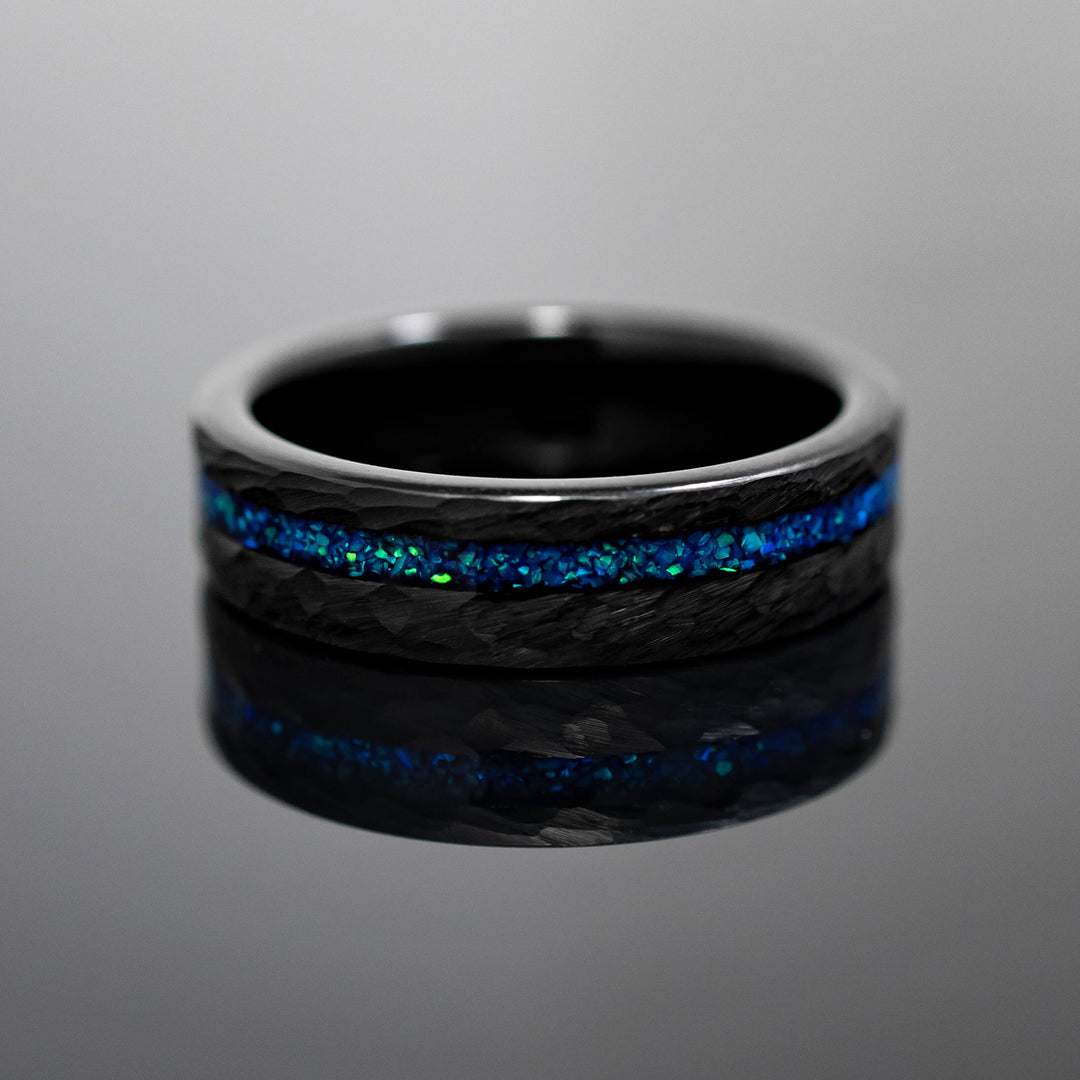 Neptune Opal Black Hammered Obsidian-style Wedding Ring in 6mm