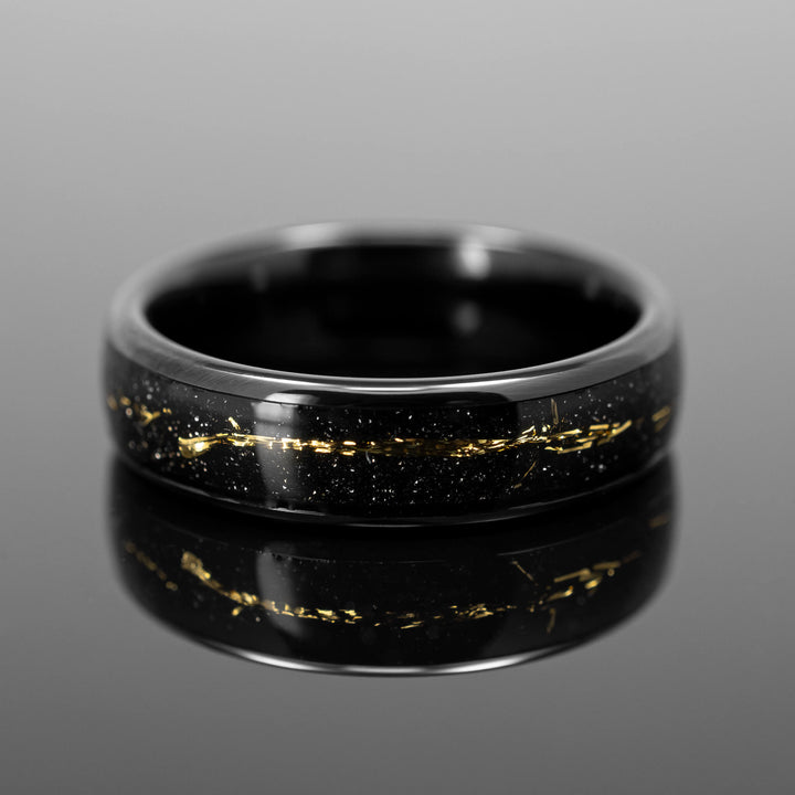 Black Gold Leaf Inlay, Obsidian-Style Tungsten Wedding Band - in 6mm Width