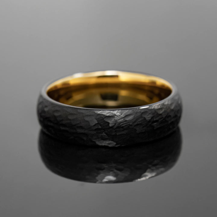 Black Obsidian Gold Hammered Tungsten Wedding Band Ring - in 6mm Width