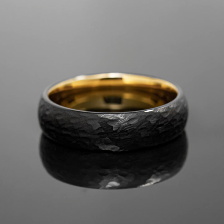 Black Gold Hammered Obsidian-Style Wedding Band Set | His and Hers | 2mm/6mm Bands