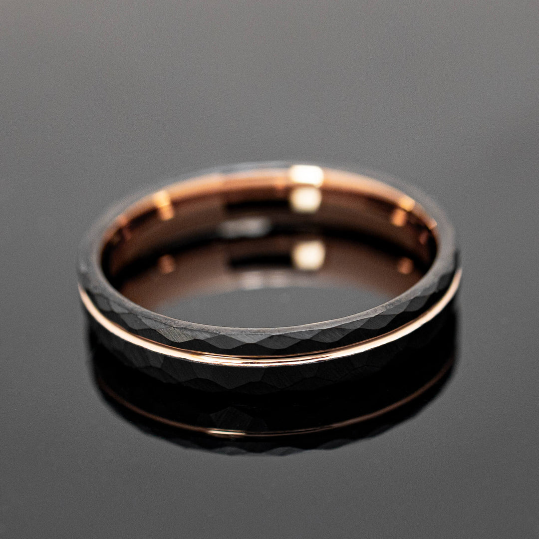 Black Hammered Rose Gold Obsidian Tungsten Wedding Band - in 4mm Width