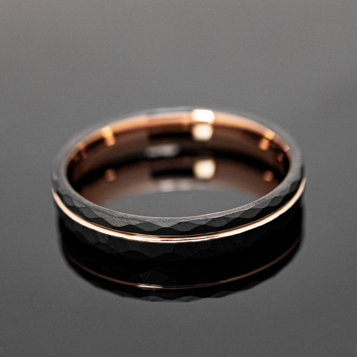 Black Hammered Rose Gold Obsidian Tungsten Wedding Band - in 4mm Width