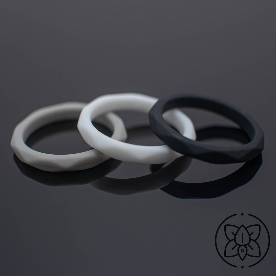 Women Silicone Wedding Bands | 3 Rubber Ring Set | White/Black/Light Gray
