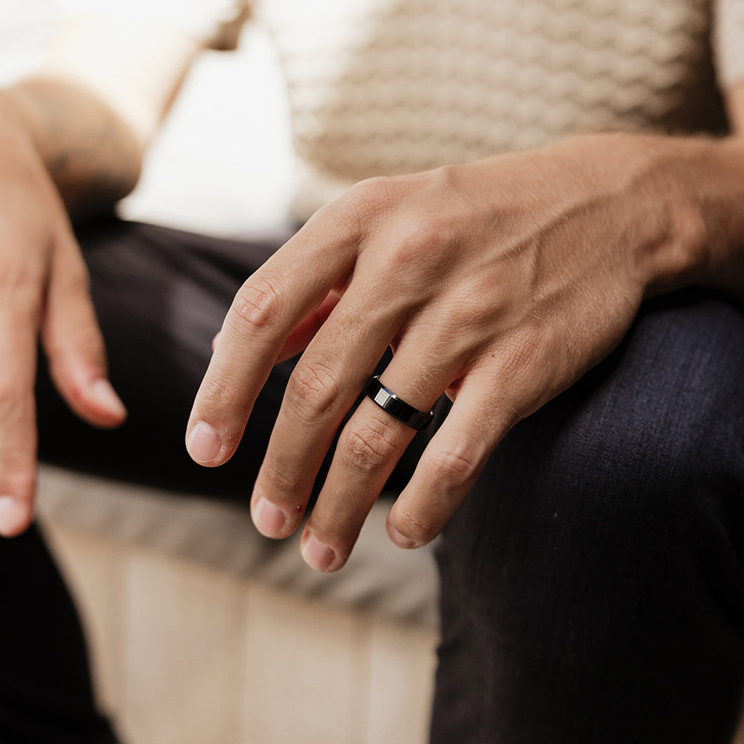 Black Obsidian-Style Wedding Band Set | His and Hers | 2mm/6mm Bands