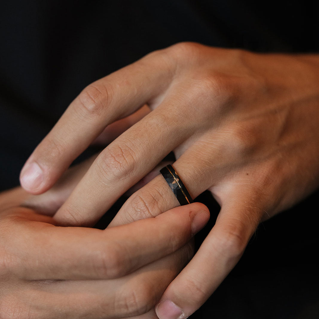 Hammered 6mm Mens Wedding Band On Hand Black Hammered