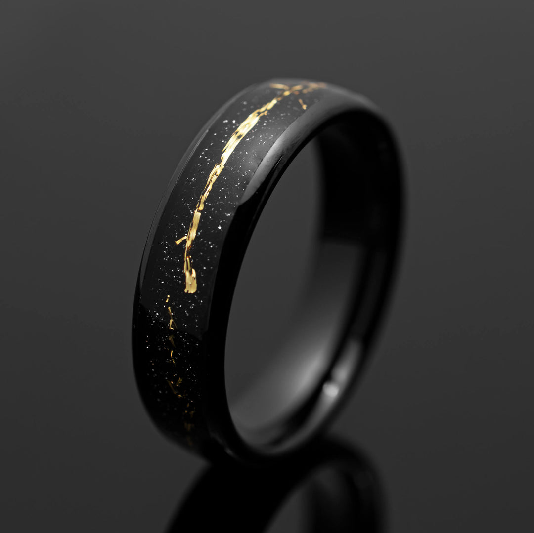 Black Gold Leaf Inlay, Obsidian-Style Tungsten Wedding Band - in 6mm Width