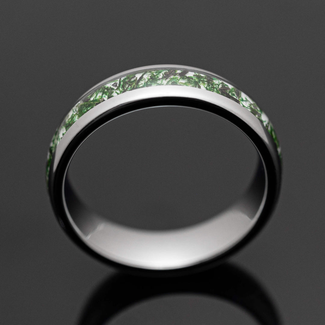Moss Agate Silver Tungsten Wedding Ring - in 6mm Width