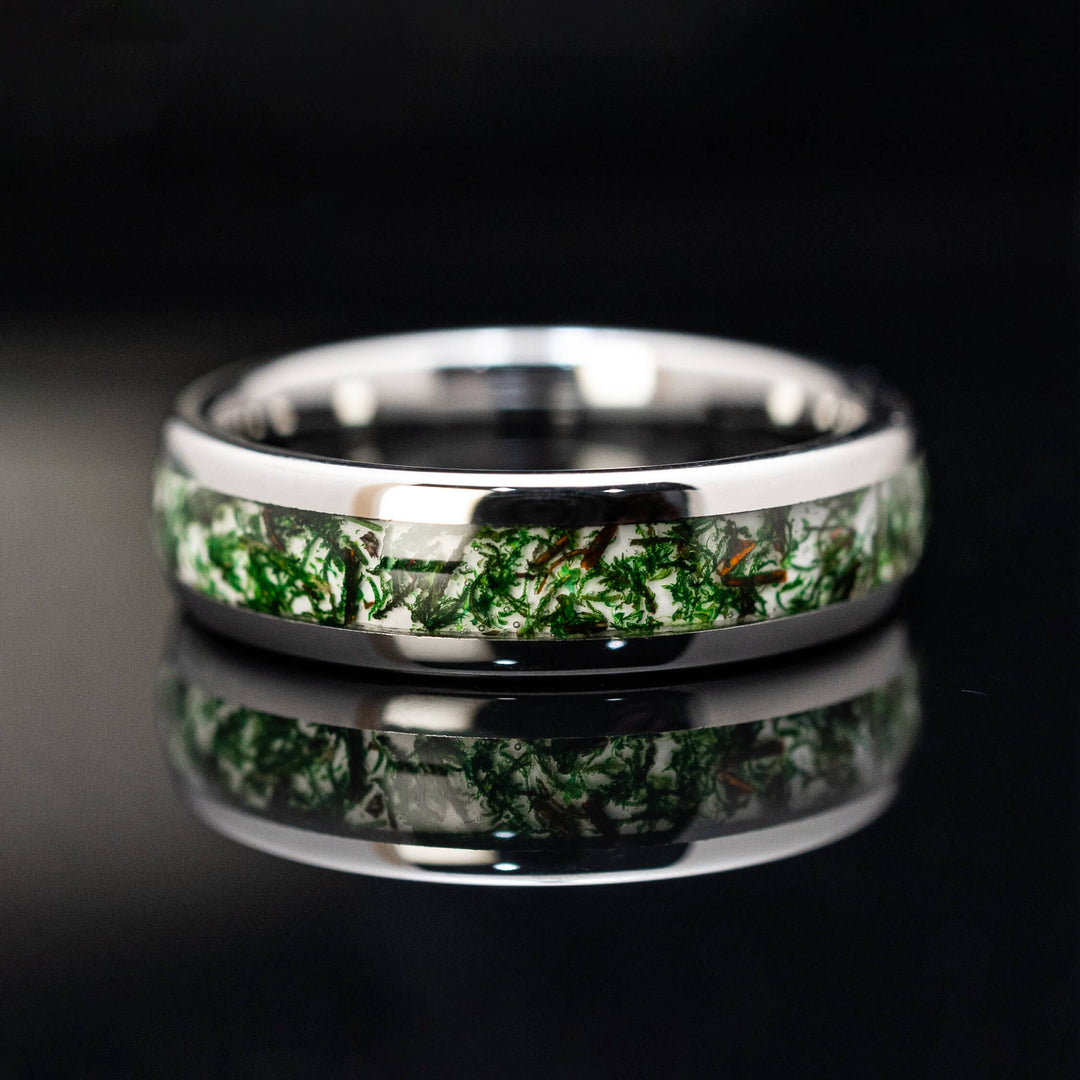 Moss Agate Silver Tungsten Wedding Ring - in 6mm Width