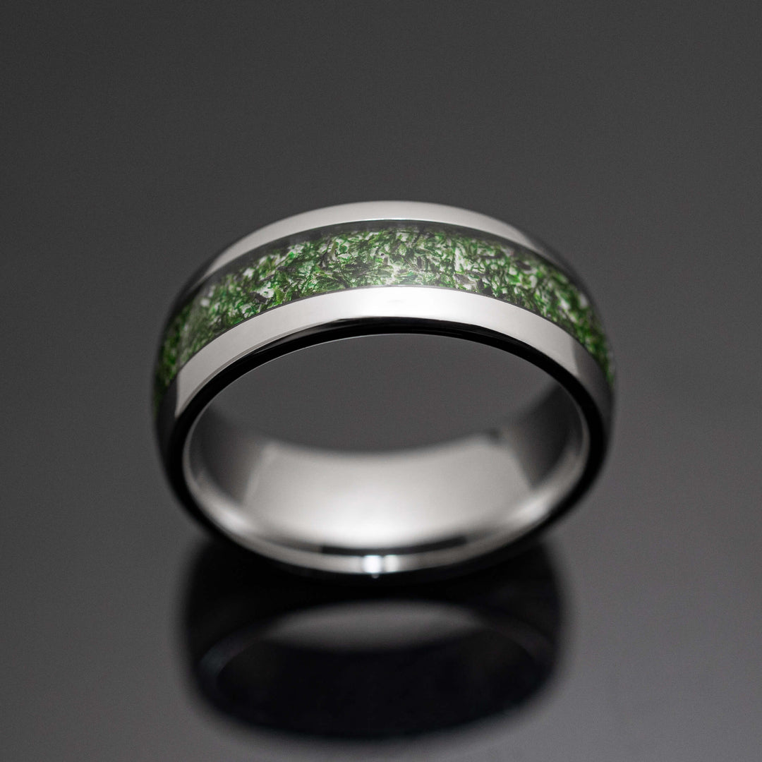 Moss Agate Silver Tungsten Wedding Ring - in 8mm Width