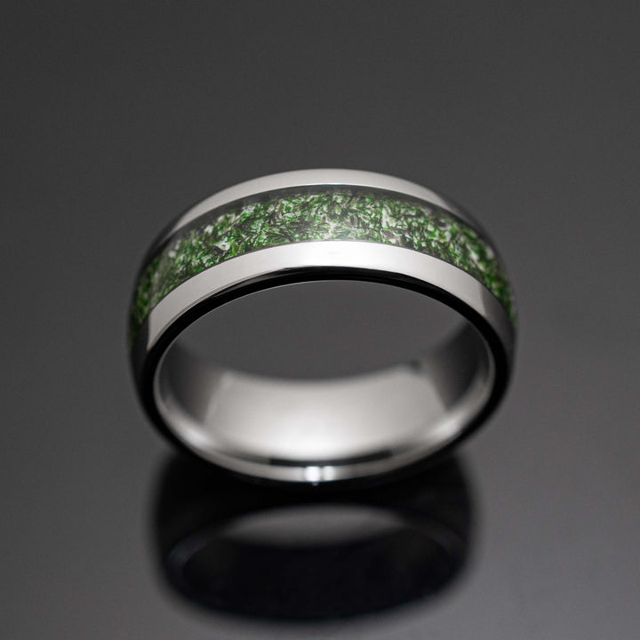 Moss Agate Silver Tungsten Wedding Ring - in 8mm Width