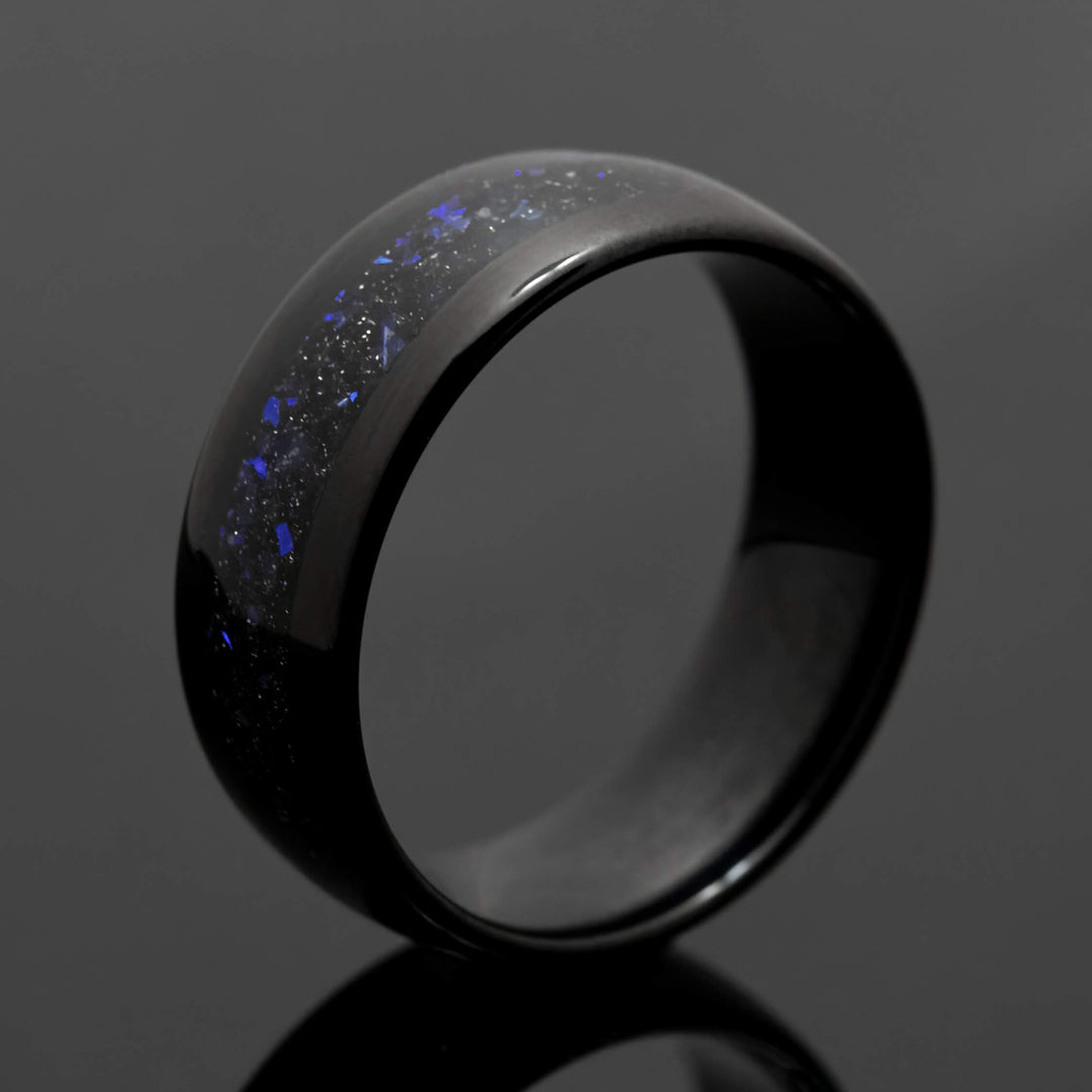 Black POLISHED Orion Nebula Obsidian-style Wedding Ring, blue sandstone - in 8mm Width