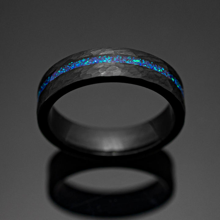 Neptune Opal Black Hammered Obsidian-style Wedding Ring in 6mm