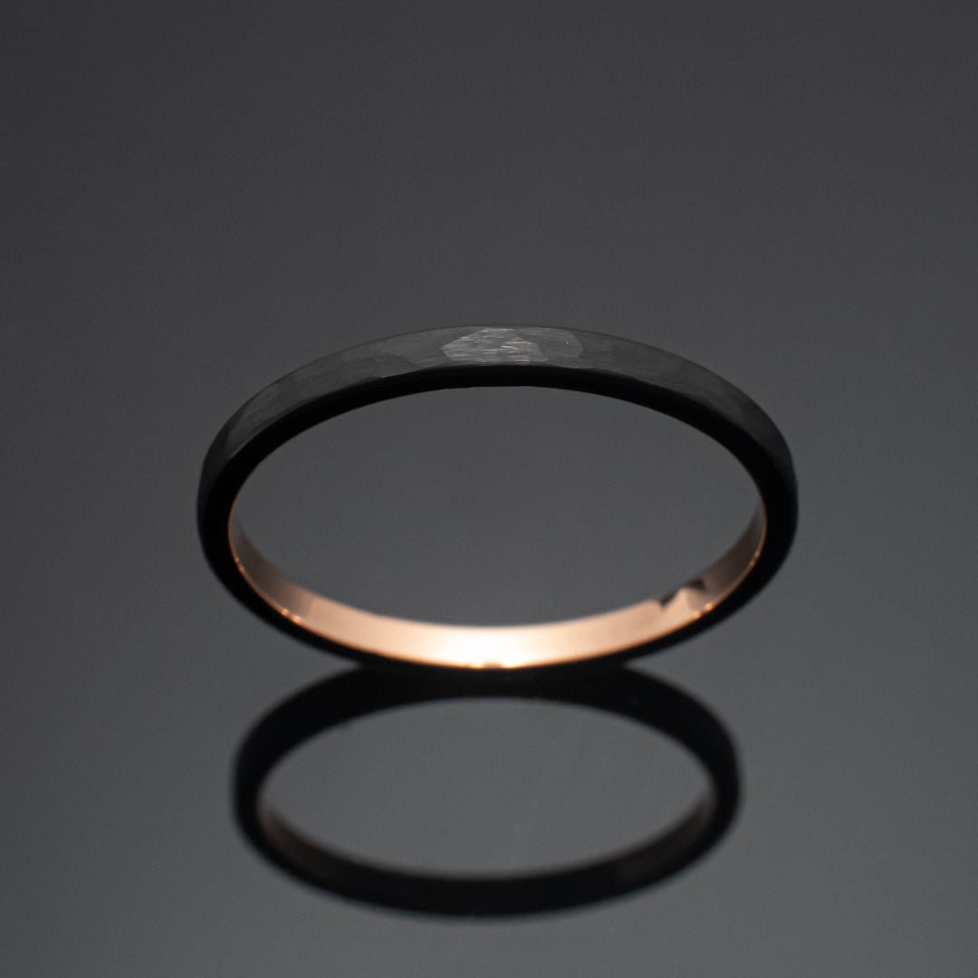 Black Obsidian Rose Gold Hammered Tungsten Ring - in 2mm Width