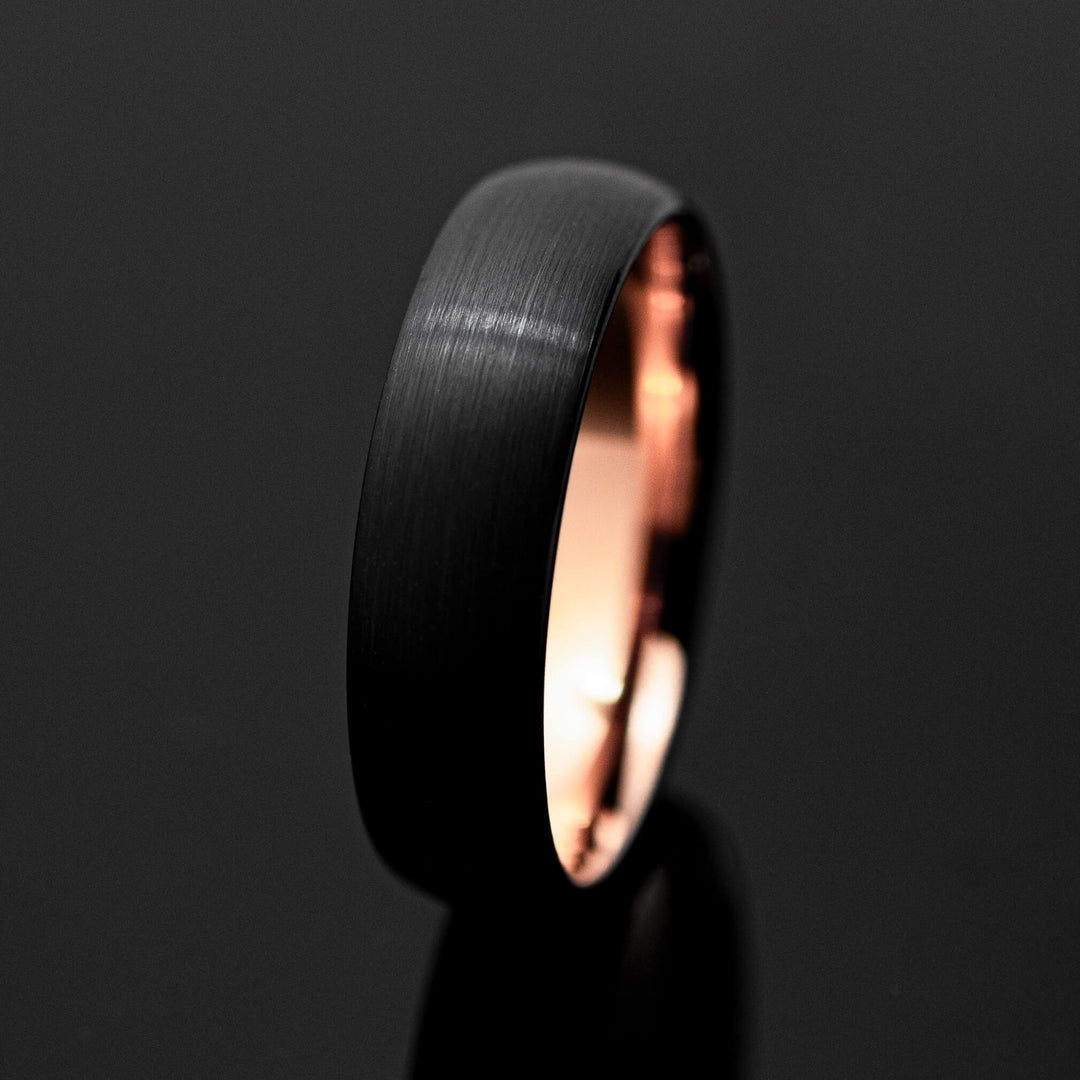 Black Brushed with Rose Gold Inlay Tungsten Wedding Ring - in 6mm Width