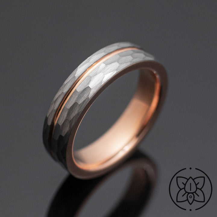 Silver Hammered Rose Gold Strip Inlay Tungsten Wedding Band - in 6mm Width