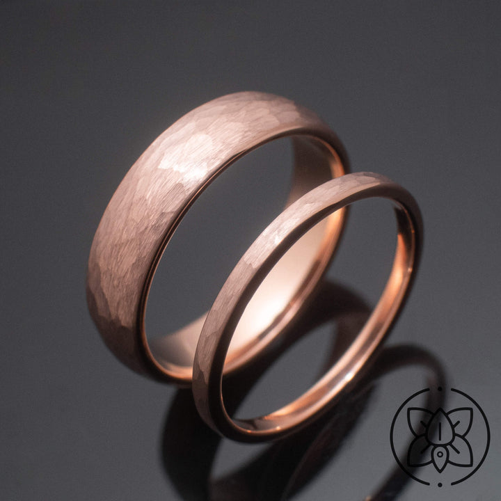 Rose Gold Hammered Wedding Band Set | His and Hers | 2mm/6mm Bands