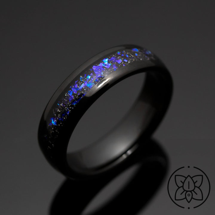 Black Orion Nebula Obsidian-style Wedding Ring, blue sandstone - in 6mm Width