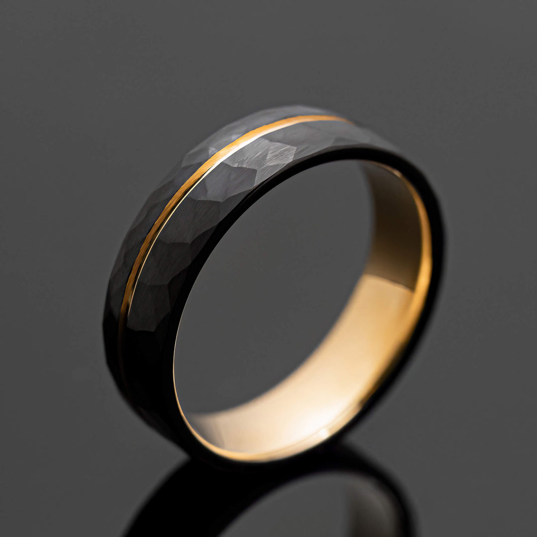 Black Gold Inlay Hammered Obsidian-Style Wedding Band Set | His and Hers | 2mm/6mm Bands