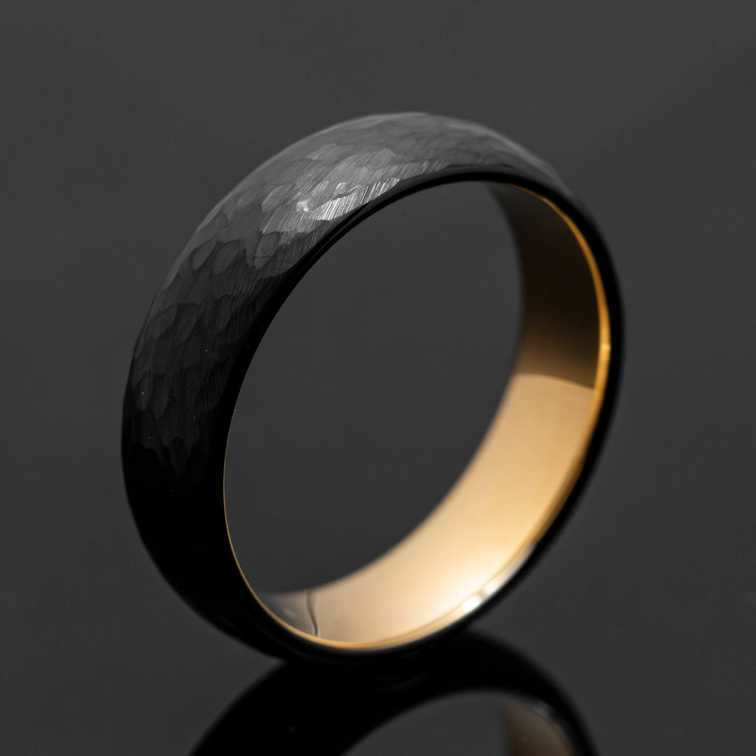 Black Obsidian Gold Hammered Tungsten Wedding Band Ring - in 6mm Width