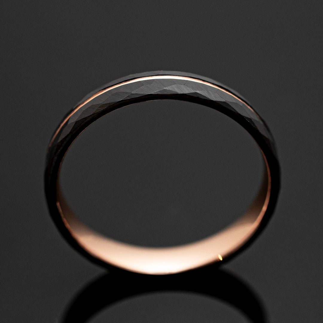 Black Hammered Rose Gold Obsidian Tungsten Wedding Band - in 4mm Width