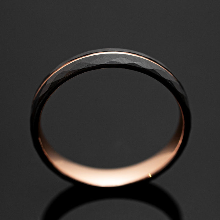Black Hammered Rose Gold Obsidian Tungsten Wedding Band - in 4mm Width