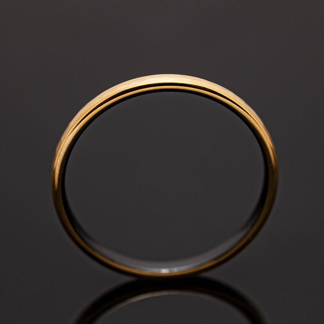 Hammered Brushed Yellow Gold Tungsten Band with Black inlay - in 2mm Width
