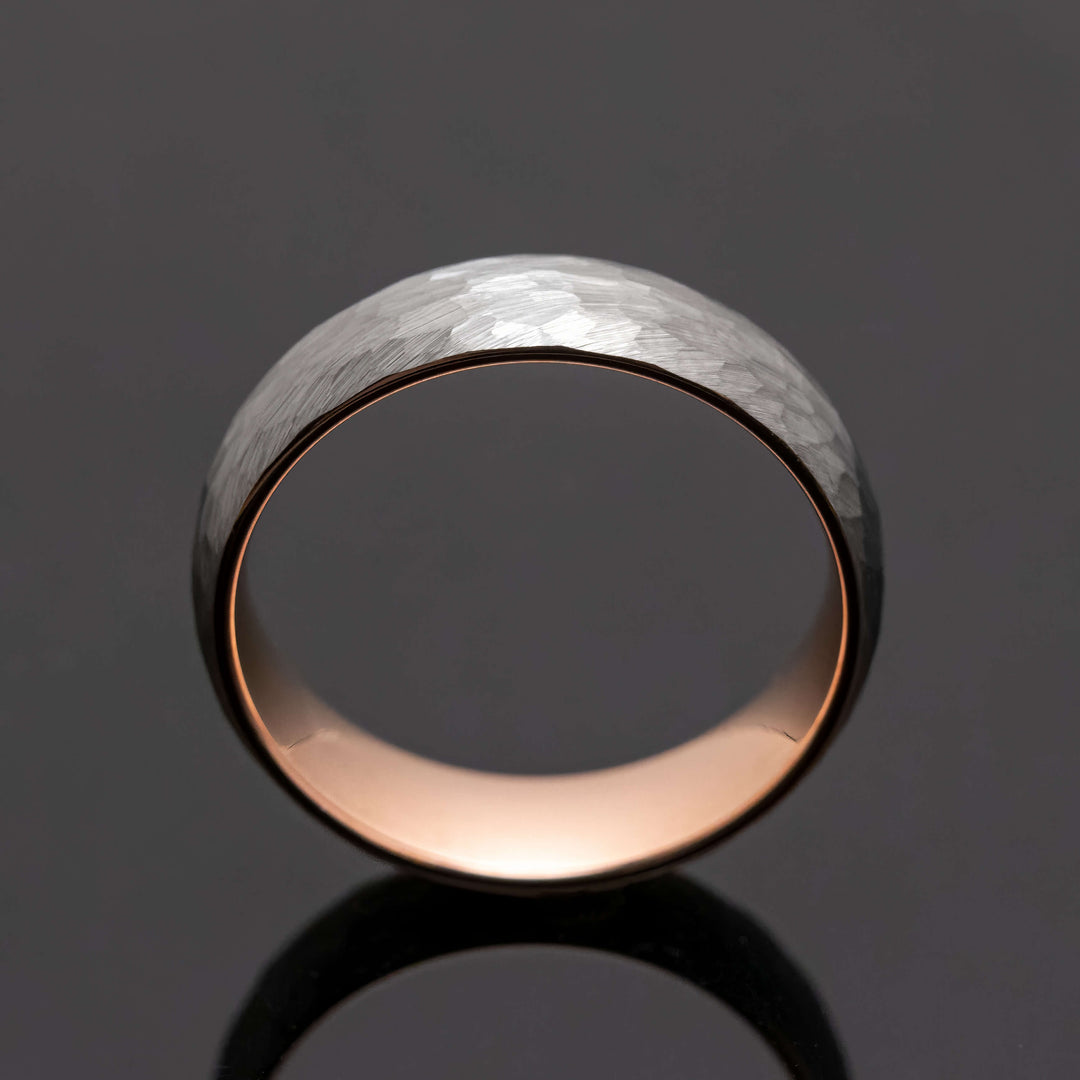Silver Hammered Rose Gold Tungsten Wedding Ring Set | His and Hers | 2mm/6mm Widths