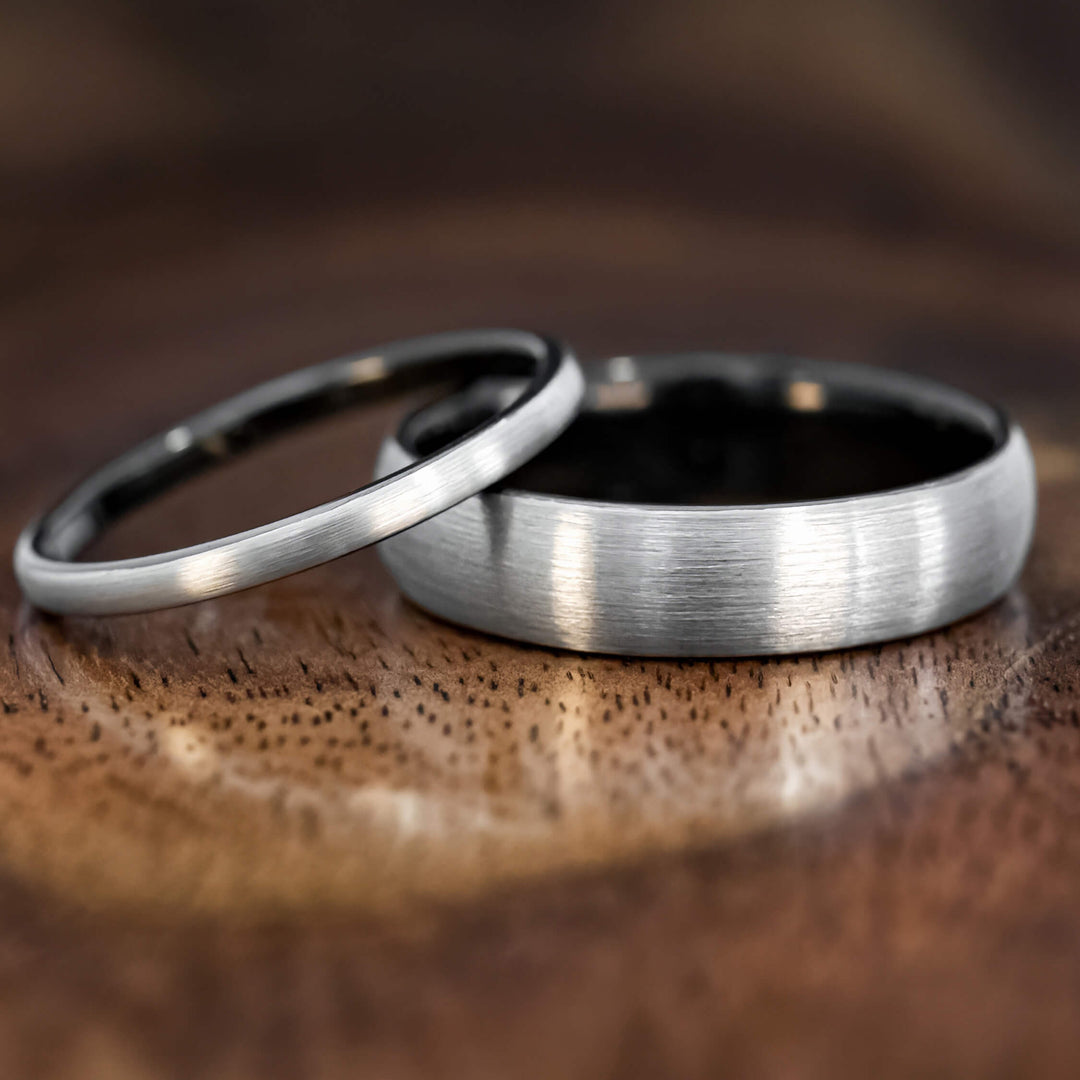 Silver Brushed Black Tungsten Wedding Ring Set | His and Hers | 2mm/6mm Widths