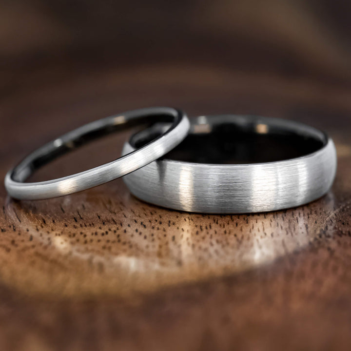 Silver Brushed Black Tungsten Wedding Ring Set | His and Hers | 2mm/6mm Widths