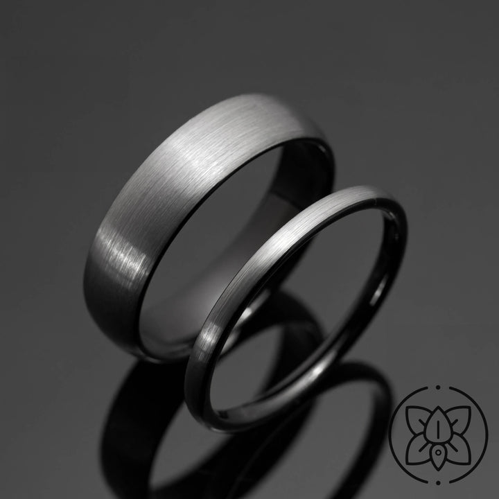 Silver Brushed Black Tungsten Wedding Ring Set | His and Hers | 2mm/6mm Widths