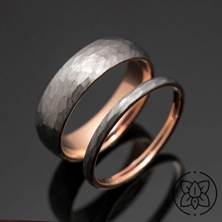 Silver Hammered Rose Gold Tungsten Wedding Ring Set | His and Hers | 2mm/6mm Widths