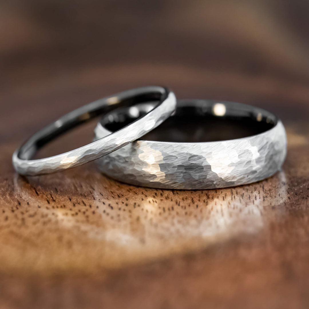 Silver Hammered Black Tungsten Wedding Ring Set | His and Hers | 2mm/6mm Widths